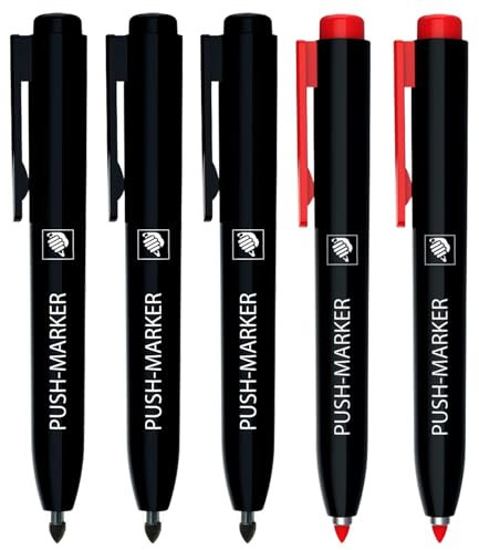 EXPERT Push-Marker 5er Set | Wasserfeste Markierer mit Klick-Technologie | Schnelltrocknend & nachfüllbar | Druckknopf für Einhandbedienung | Permanent Marker Stift für glatte & raue Oberflächen