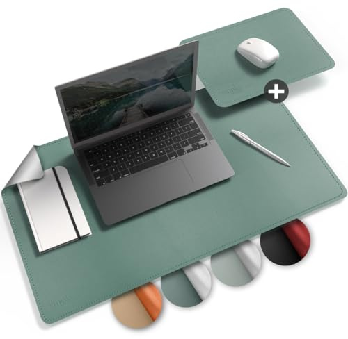 smøla Schreibtischunterlage aus PU-Leder I 60x35cm Abwischbar inkl. XXL Mauspad I Große Tischunterlage, Schreibunterlage – für Büro & Home-Office I Doppelseitig (Agaven-Grün/Grau)