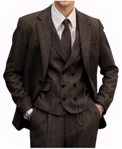 Fesenbo Herrenanzug aus Tweed, Fischgrätenmuster, 3-teilig, formelle Wolljacke, Kleid, Weste, Hose, Hochzeit, Abschlussball, Smoking, Dunkelbraun, L
