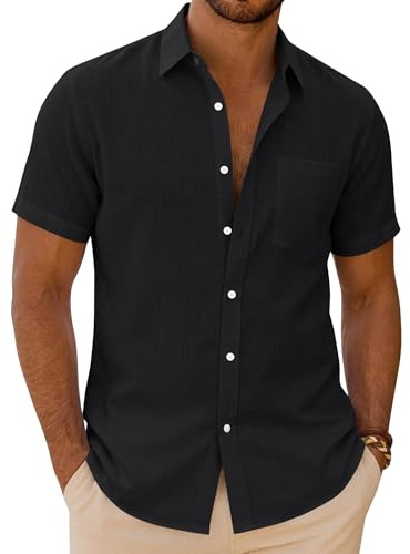 siliteelon Mens Linen Shirts Short Sleeve Summer Shirt Regular Fit Casual Cotton Holiday Beach Tops with Pocket Black L