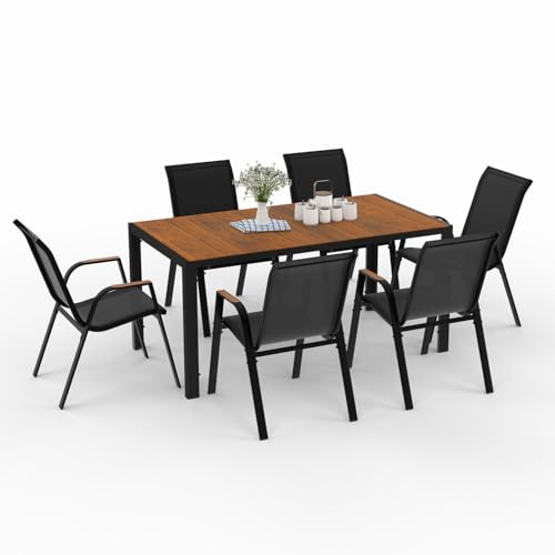 IDMarket - Gartenmöbel NOUMEA Tisch 150 cm Platte aus gehärtetem Glas in Holzoptik und 6 stapelbare Stühle schwarz und Holz