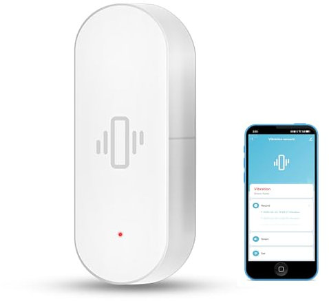 Sensore di vibrazione intelligente: rilevatore di rottura del vetro wireless, sensore di porta WiFi con allarmi app, sensibilità regolabile, sensore di sicurezza per sistema di allarme -1Pack