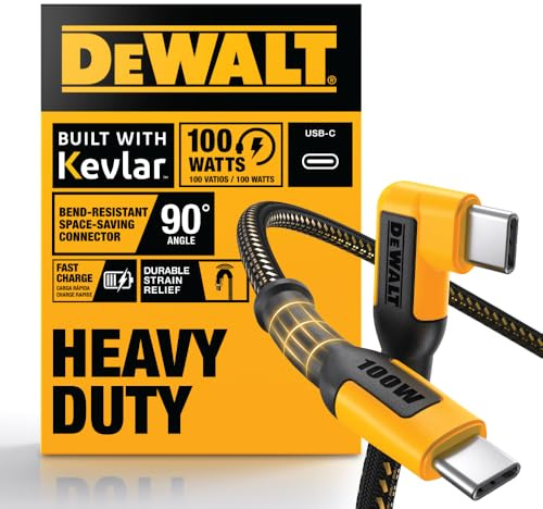 DEWALT 90-Degree Angled 100W USB C Cable, Heavy Duty Jobsite 100 Watt USB C Cable, High Speed Type-C to Type-C, PD USBC Fast Charging Cord for iPhone 16/15 Plus Pro Max, MacBook, iPad, Samsung, 4 ft