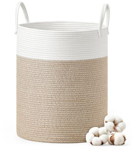 SONGMICS Cesto Portabiancheria, Cesto Biancheria Sporca per Bambini, Corda di Cotone con Manici, per Coperte, Porta Peluche, Camera da Letto, Cameretta, 60 L, Bianco e Marrone Grigiastro RLH061LZ01