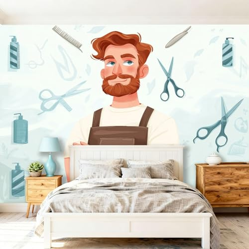 Carta da parati Fotografica Cartone Animato Forbici Barbiere, Azzurro Motivo Panoramico Murale - 200 x 140 cm Effetto 3D Carta da parati decorazione interna per Soggiorno Camera Ristorante