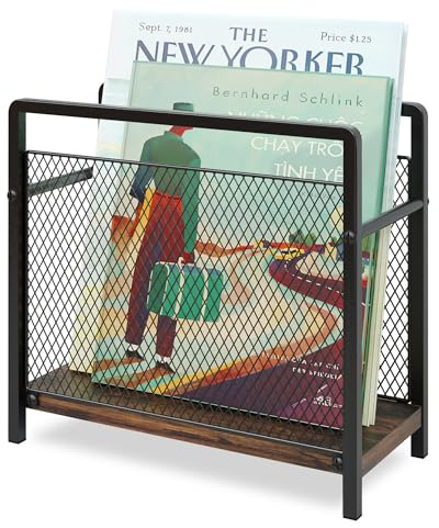ART-GIFTREE Magazine Holder, Magazine Rack Floor, Metal Mesh with Wood Base Magazine Storage Basket, Folder Organizer Bin for Books, Newspapers, Mails, Files, Dark Brown
