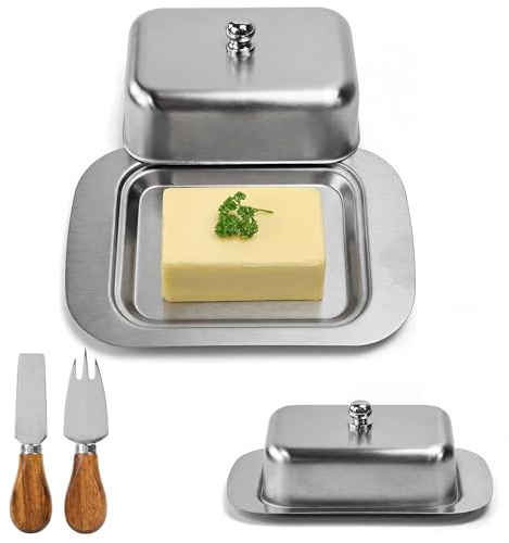 Beurrier Inox,avec 1 Beurrier + 1 Couteau à Beurre + 1 Fourchette à Beurre | Léger,Robuste,pour le Gâteau,Fromage (17,9×12,2×4,5 cm)