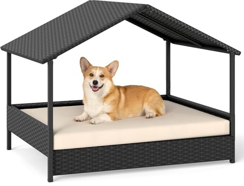 COSTWAY Wicker Dog Bed, Raised Rattan Dogs House with Canopy, Removable Cushion, Indoor Outdoor Elevated Pet Sofa for Small Medium Dogs Cats (Beige+Black, 98 x 69 x 74cm)
