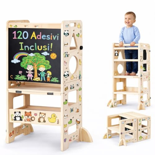 Torre Montessoriana Pieghevole 3 in 1 in Legno - Scala Montessori Stabile e Antiscivolo, Lavagna e Tavolino per Bambini di 18 Mesi per Stimolare Autonomia e Creatività (120 Adesivi Inclusi)