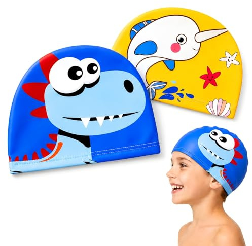 2 Pièces Bonnets de Bain Enfant, Jolis Dessins Animés Bonnets de Bain Imprimés, Bonnet de Bain Tissu PU en Polyester Élastique, Ajustement Confortable sans Tirer, pour Enfants de 3 à 8 Ans