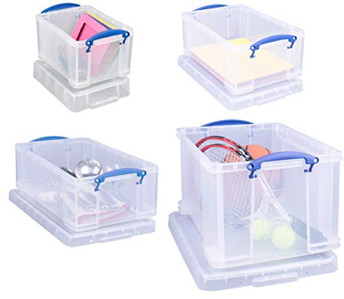 Really Useful Box Plastic Storage (Bonus Pack of 4) 48 Litre + 12 Litre + 9 Litre + 3 Litre Clear