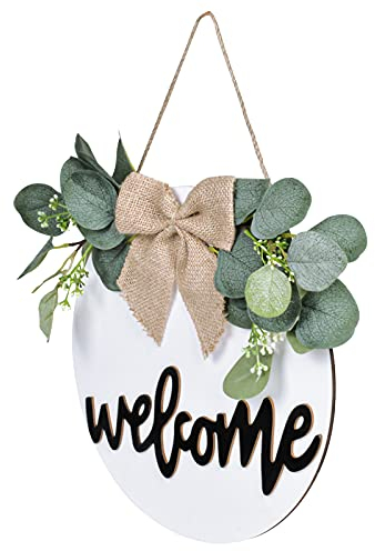 HQdeal Cartel de Bienvenida para Puerta de Entrada, Coronas de Bienvenida de Madera Redonda Rústica, Letrero Vertical Colgante para Porche, Letreros de Madera de Granja con Lazo y Flores (Blanco)