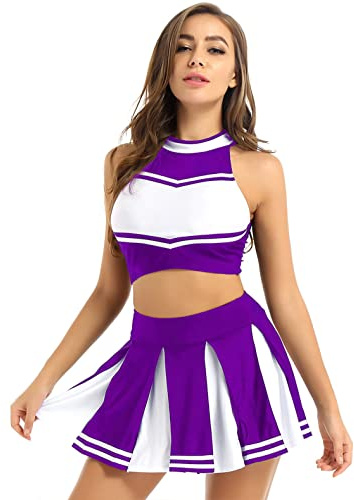 FEESHOW Uniforme de Pom-Pom Girl Femme Robe de Danse Cheerleading Gymnastique Mini Débardeur Court Gilet sans Manche Mini Jupe Plisée Ensemble Tenue High School Violet M