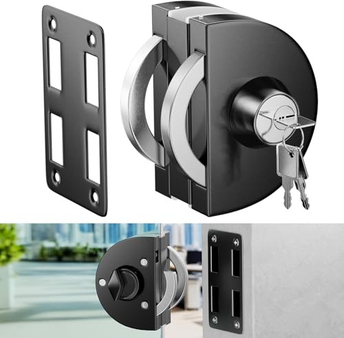Serratura per porta in vetro senza fori, finitura nera spazzolata, con chiave e pomello, per vetro singolo, compatibile con vetro temperato 10-12 mm, installazione rapida, acciaio inox 304.