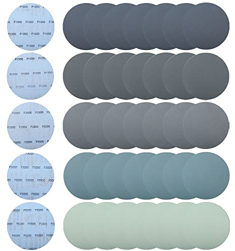 150mm Discos de Lija 1000/1500/2000/3000/5000 Grano, 40 Piezas Papel de Lija, 6 inch Discos de lijado de Agua Seca Redonda para Madera y Metal