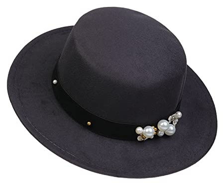 NiceYnn Klassisk vintage ull brett brätte platt topp fläskpaj båthatt, justerbart pärlband Fedora kyrka Derby filtmössa för bröllopsfest talangshow, Mörkgrå och pärla, en storlek