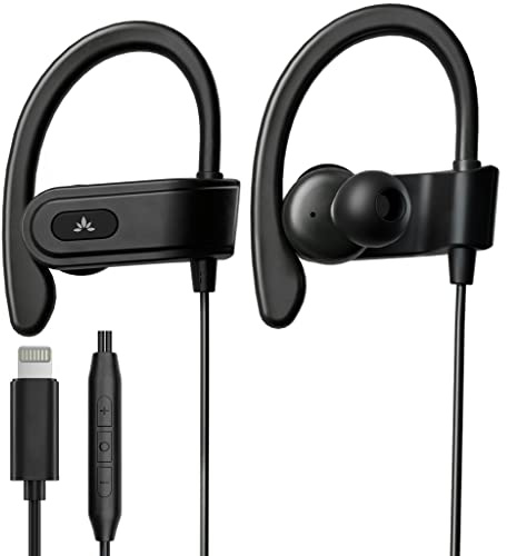 Avantree L171 - Auriculares con Cable y Conector Lightning [Certificado MF], Controles de Volumen micrófono, Ganchos Deportivos, Cascos Compatibles con iPhone 14 13 12 11, y Todos los Sistemas iOS
