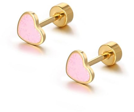 18g Titanium Heart Love Earrings for Women Girls Stainless Steel 14k Gold Plated Hypoallergenic Cute Tiny Sequins Stud Cartilage Tragus Screw Back Post Piercing Sensitive Ear (Pink)