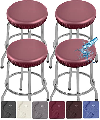 PU Bar Stool Covers, 4 Pack Waterproof Removable Washable Round Barstool Covers with Elastic Bands for 13-18 Inch Stools - Red