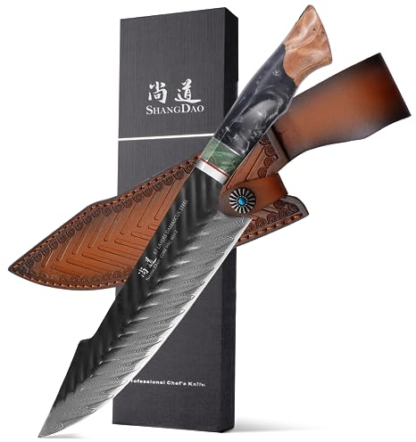 SHANGDAO Coltello da chef in Damasco Coltelli da cucina con fodero in pelle 20 cm 67 strati in acciaio legato con resina forgiata a mano professionale e manico in legno