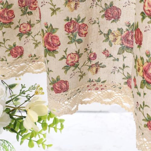 Moslovstar Rideau court en coton et lin de style rustique de 40 cm de long - Cantonnière de fenêtre élégante en dentelle florale pour cuisine, salle de bain, 1 panneau, roses fleuries sur beige
