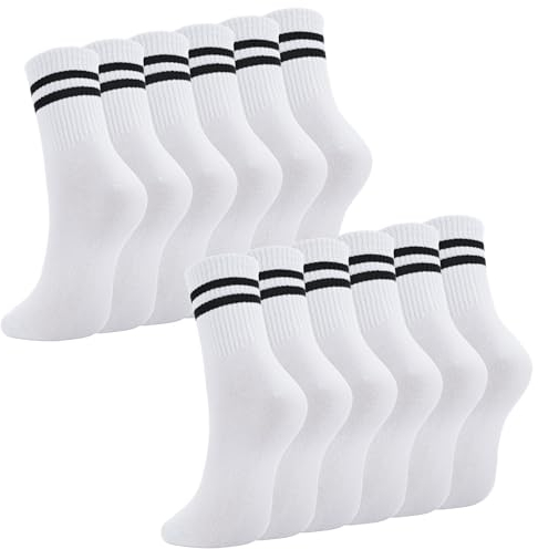 Utensilsto 6 Paare Damen Socken Weiß Sportsocken Tennissocken Sport Socken mit Streifen Baumwolle Socken Damen