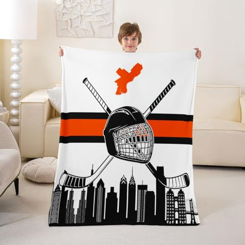 Erosebridal Boys Sports Throw Blanket 40x50 inch,Ice Hockey Puck Fleece Blanket for Fan,White Black Orange Flannel Blanket,Hockey Bed Blanket for Living Room