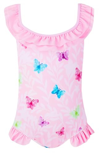 Gogokids Mädchen Badeanzug Pink Sommer Einteiliger Badeanzüge Schmetterlings Rüschen Badebekleidung mit Breiten Trägern 1–6 Jahre