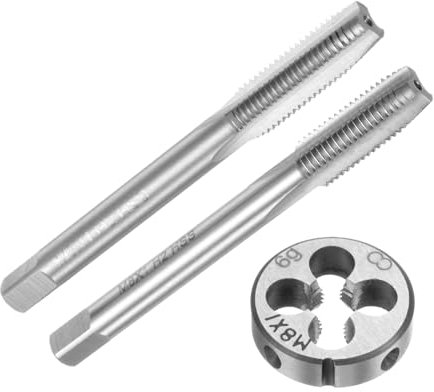 QUARKZMAN Set di 3pz Maschi e Filiera Metrici a Mano, M8 x 1 Maschi con Filettatura Conica/Tappo e Filiere Rotondo, Kit di Attrezzi Filettatura a Mano per Riparazione Filetti