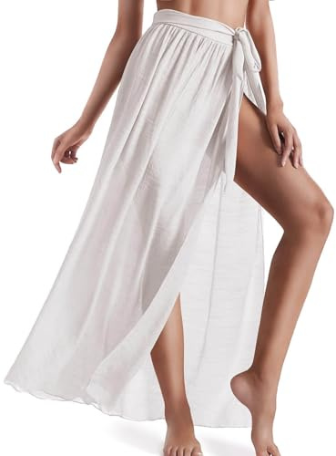 Paréos paréos longs en mousseline de soie pour femme - Taille haute fendue - Jupe longue - Bikini uni - Cache-maillot de bain, blanc, Taille Unique
