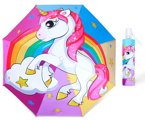 decalsweet Ombrello Pieghevoli Antivento Bambino, Ombrello Automatico da Sole con Strisce Riflettenti, Ombrello Piccolo Portatile Resistenti da Viaggio per Ragazzo e Ragazza, Arcobaleno Unicorno