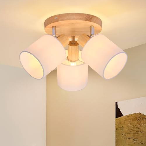 Glitzerlife Deckenstrahler 3 Flammig Rund Holz - LED Deckenlampe Strahler Deckenleuchte E14 Spotleuchte Schenkbar 350° für Küche Wohnzimmer Schlamfzimmer Flur (Ohne Leuchtmittel)