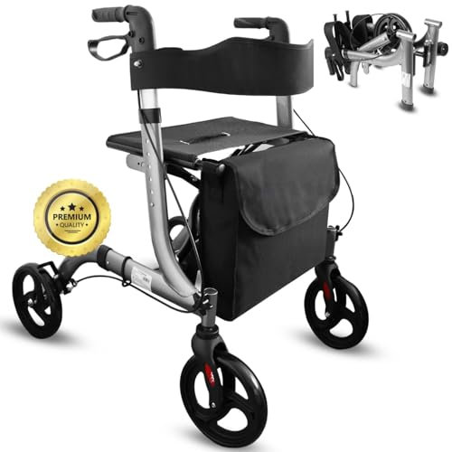 OrtoPrime rollator deambulatore 4 ruote pieghevole leggero – deambulatore per anziani con seduta, freni, schienale e portabastone – girello anziani da esterno e interni