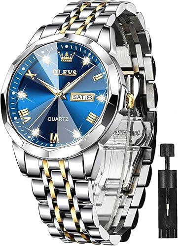 OLEVS Watch for Men UK Stainless Steel Designer Diamonds Dress Men's Wrist Watches for Men Waterproof with Date and Day Analog Quartz Watches
