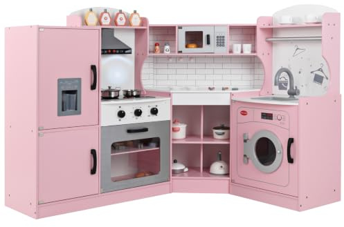 Kids Corner Kitchen Playset, Wooden Play Kitchen with Washing Machine, Range Hood, Ice Maker, Microwave, Oven, Sink, Little Chef Pretend Cooking Toy Set for Toddler (Pink)