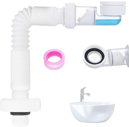 Scarico Lavandino Bagno, Tubo di Scarico Antiodore G1-1/4, Isolamento con Guarnizione in Silicone, Rotazione a 360°, Flessibile e Retrattile, Adatto per Lavandini, Bagni e Cucine (Bianco)