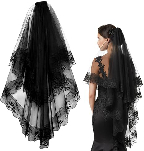 Ziyonix Encaje negro Velo de novia con peine, Ligero velos de novia de tul de 2 niveles hasta el codo, Elegante y suave velo de novia de 60-80 cm para cosplay de bruja y despedidas de soltera