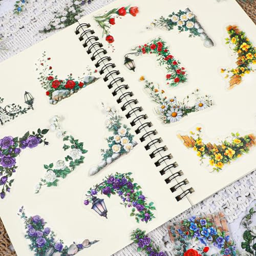 180 Pcs Courtyard Corner Flower Stickers for Scrapbooking Journaling PET Transparent Flower Stickers Vintage Flowers Scrapbook Sticker Aesthetic Floral Sticker for Scrapbook Junk Journal Supplies