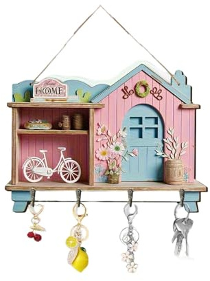 Fakcrkun Key Holder for Wall, Wooden 2D House-Shaped Key Key Holder, Drilling Key Rack with 4 Hooks Wall Mounted, Key Hangers for Wall Living Room, Kitchen, Office