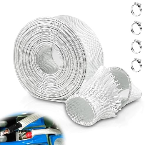 Mailfull Avgasslang 25mm glasfiberhylsa med 4 klämmor, vit flätad kabelslang för kabelhantering och utomhusbruk (25mm*2m)