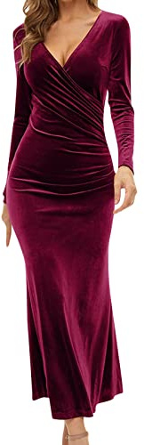 Robes de Cocktail Femme Rétro Robe Hiver Velours Robe Moulante Elegent Robe Manches Longues Col en V Robe de Soirée Vintage Robe de Noël Chic Longue Robe Chaud pour Fête Club Mariage Nouvel