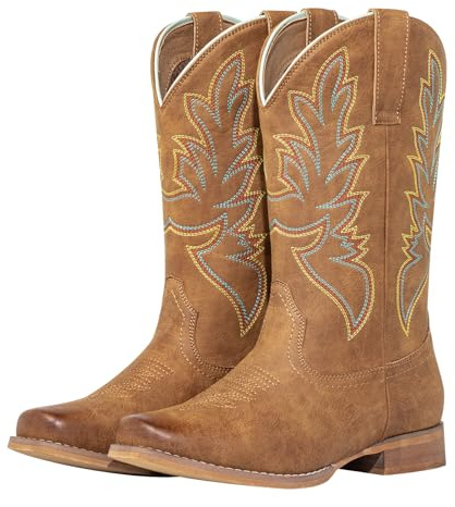 J's.o.l.e Square Toe Cowboy Boots for Women Mid Calf Pull On Fashion Embroidered Western Cowgirl Boots