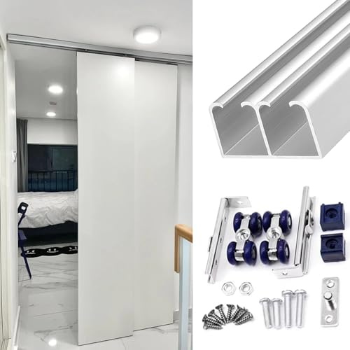 Schiebetür Schiene Doppeltaschen-Türschienen-Set Für Deckenmontage, 300 Cm, 2,2, 1,2, 1,6 M Lang, Robustes Aluminium-Kastenschienen-Schiebetür-Hardware-Set Für Bypass-Türen(Silver,2.9m/114.2in)