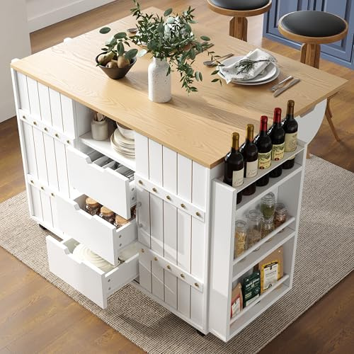 Eleganz Armadio da cucina 110 cm con ante scorrevoli, pieghevole, 42-70 cm, 3 cassetti, portaspezie e porta asciugamani, 4 rotoli, bianco, salvaspazio, facile da installare