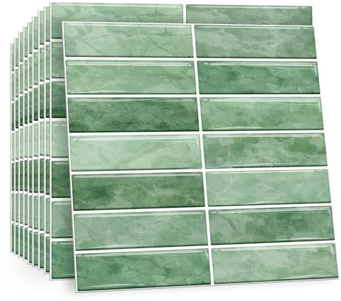 TOARTi 10 Sheets 2D Watercolour Green Self Adhesive Wall Tiles,12×12inch Stick On Wall Tiles Kitchen Splashbacks for Walls,Tile Stickers Peel and Stick Backsplash Splashback Decals Tile