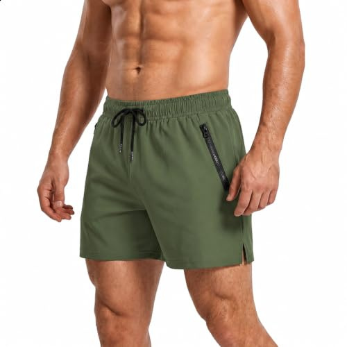 Towintec Badbyxor Herr Kläder Badslip Sportshorts Löpning Med Blixtlåsfickor Boxershorts Hav Shorts Snabbtorkande Kostymer Innerfoder Mesh Simning Sommar, Armégrön, S