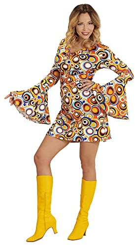 W WIDMANN MILANO Party Fashion - 70er Jahre Kleid für Damen, Kreismuster, mit Trompetenärmeln, Kostüm für Karneval, Festival, Mottoparty