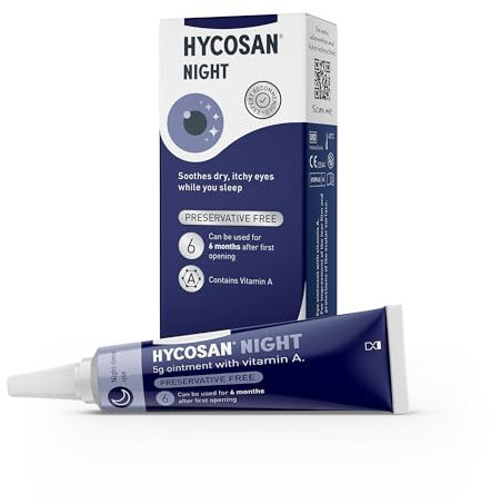 Hycosan Night - Soothing Relief and Protection Against Dry, Tired and Burning Eyes While You Sleep - with Vitamin A and Preservative Free - 300 Applications