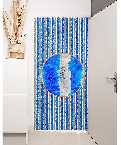 Defacto Fluffgardin blå/grå 100 x 200 cm och 90 x 200 dörr gardin chenille fluggskydd 100 % tillverkad i Italien (90 x 200 cm)
