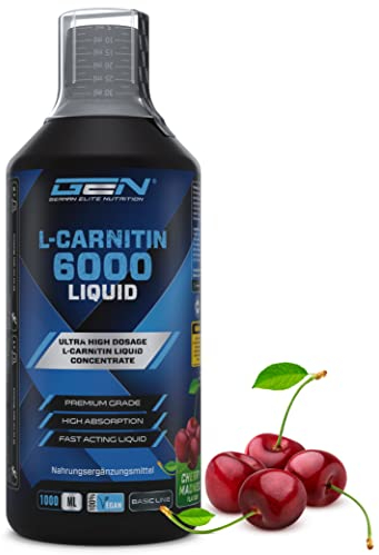 L-Carnitina 6000 Líquido - 1000 ml - Dosificación extra alta con 6000 mg de L-Carnitina pura por porción diaria - Bebida de entrenamiento de aminoácidos - Sabor delicioso (Cherry Madness)